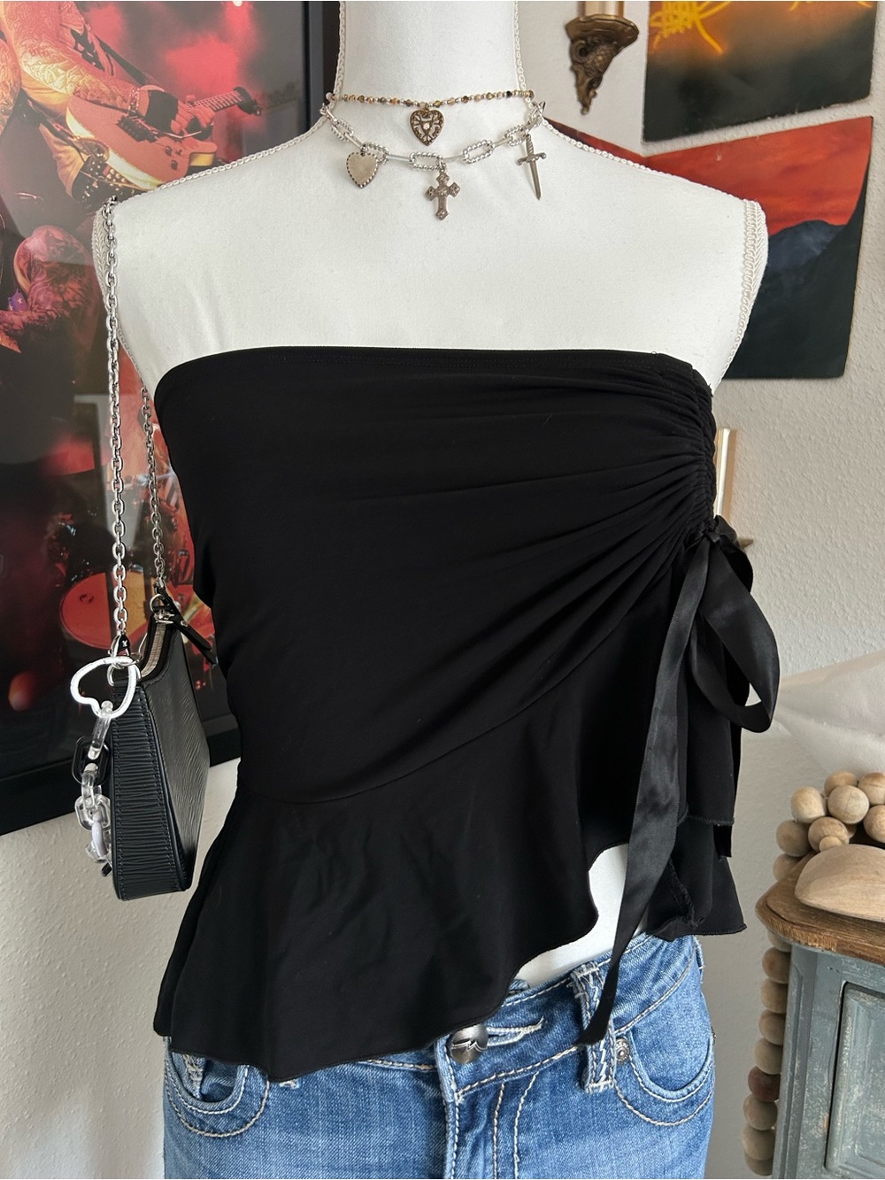Vintage Y2K Charlotte Russe Tube Top Size S Going Out Black Slinky Ruffles Bow